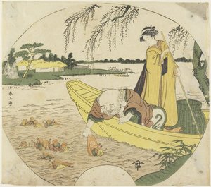 (Hotei God on a Boat, joka pyydystää Sho_jo_ Goblinsia sakekupilla), 1782-1789
